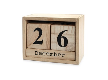 Photo of Wooden block calendar with Boxing Day date isolated on white