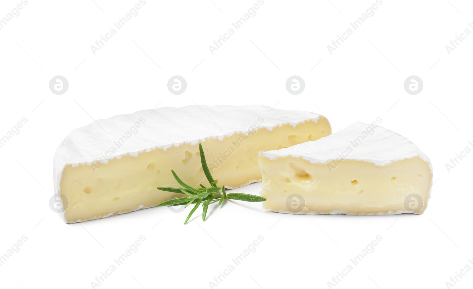 Photo of Tasty cut brie cheese with rosemary on white background