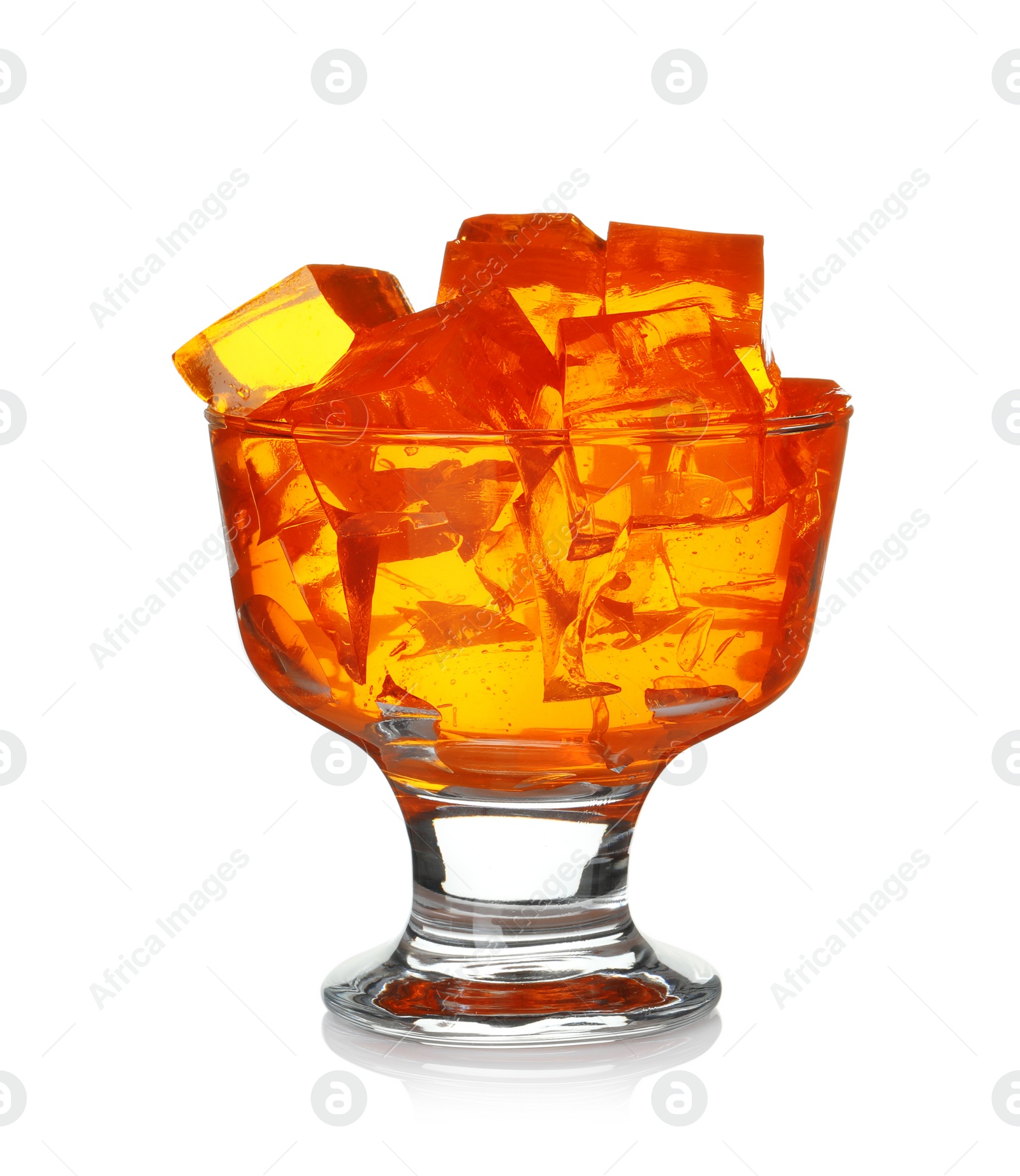 Photo of Dessert bowl with tasty jelly cubes isolated on white