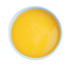 Bowl of Ghee butter isolated on white, top view