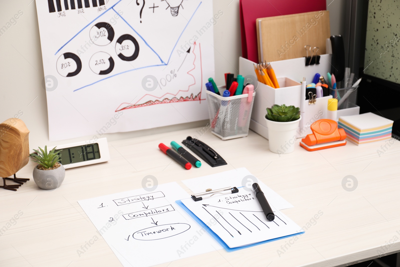 Photo of Business process planning and optimization. Workplace with plan, notebook and stationery on white wooden table