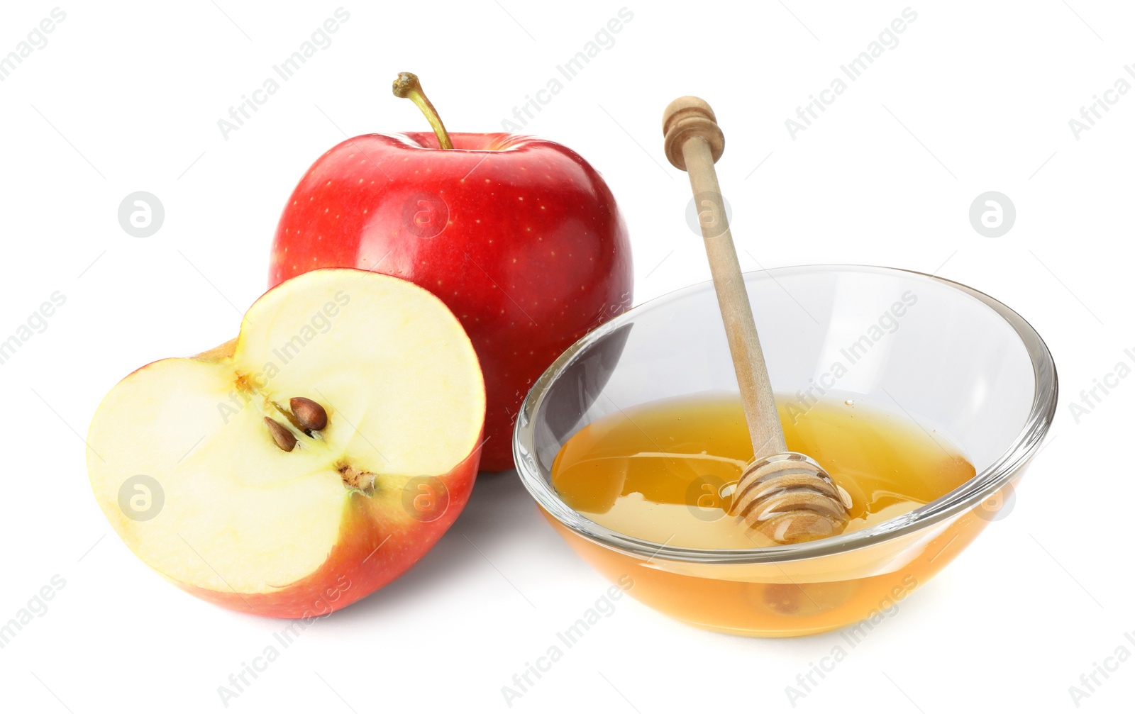 Photo of Delicious apples, bowl of honey and dipper isolated on white