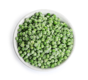 Photo of Frozen peas in bowl isolated on white, top view. Vegetable preservation