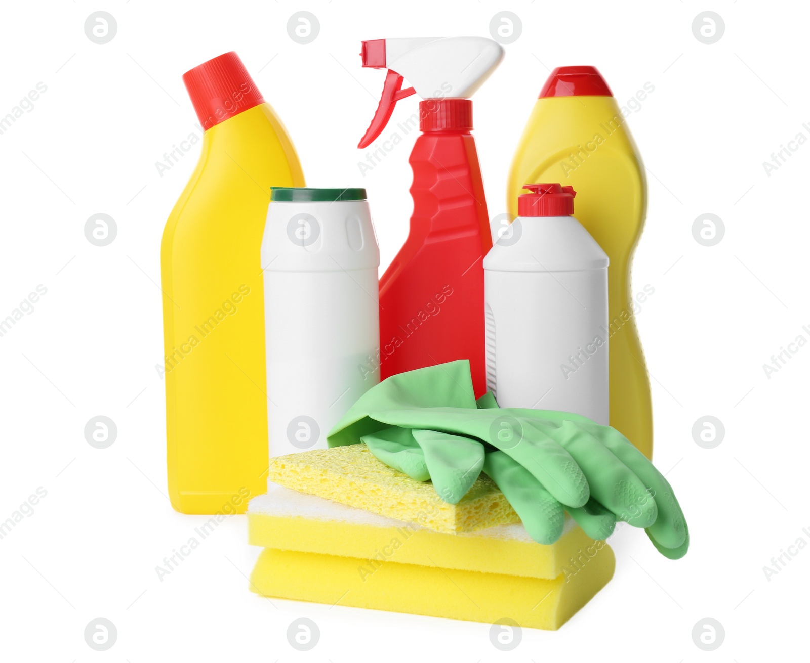 Photo of Set of different cleaning supplies on white background