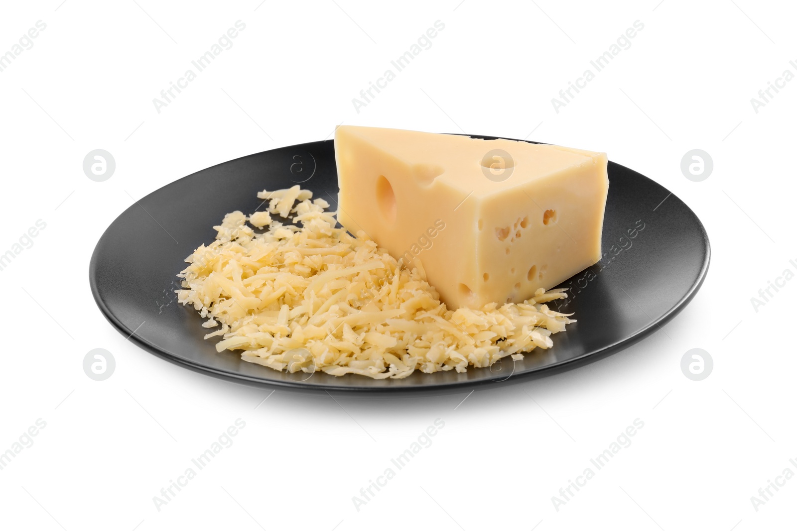 Photo of Grated cheese and piece of one isolated on white