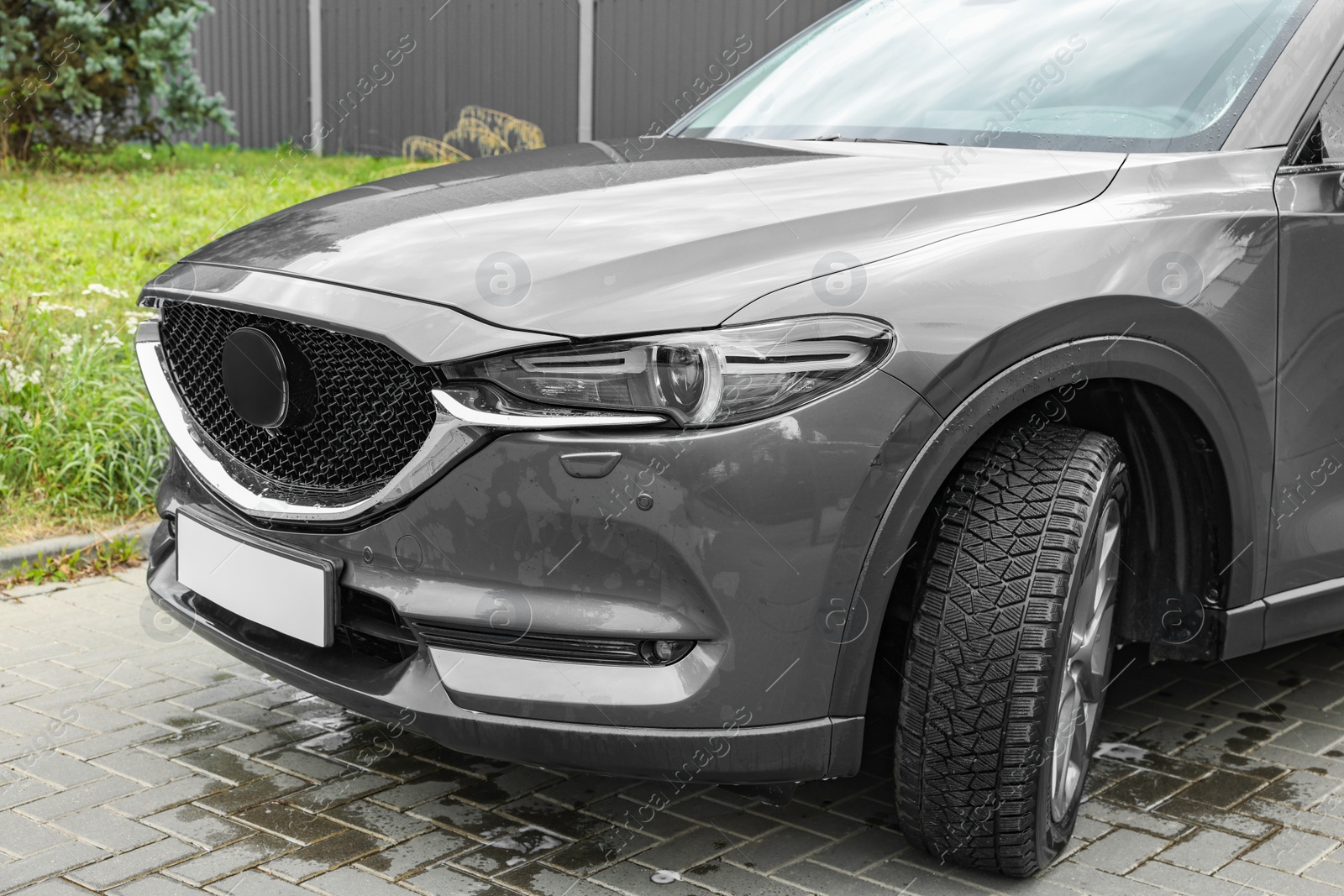 Photo of Modern clean black car outdoors, closeup view