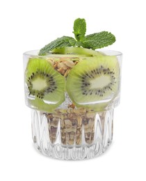Photo of Delicious dessert with kiwi and muesli isolated on white