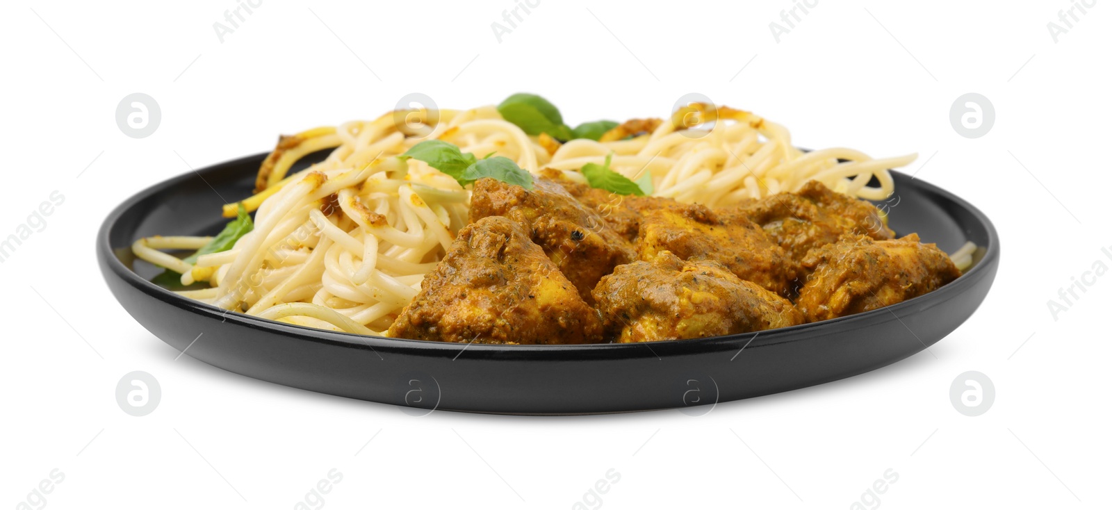 Photo of Delicious pasta and chicken with curry sauce isolated on white