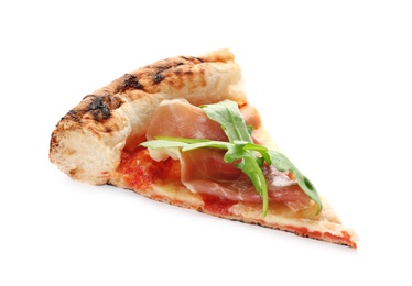 Photo of Slice of tasty pizza with meat and arugula isolated on white