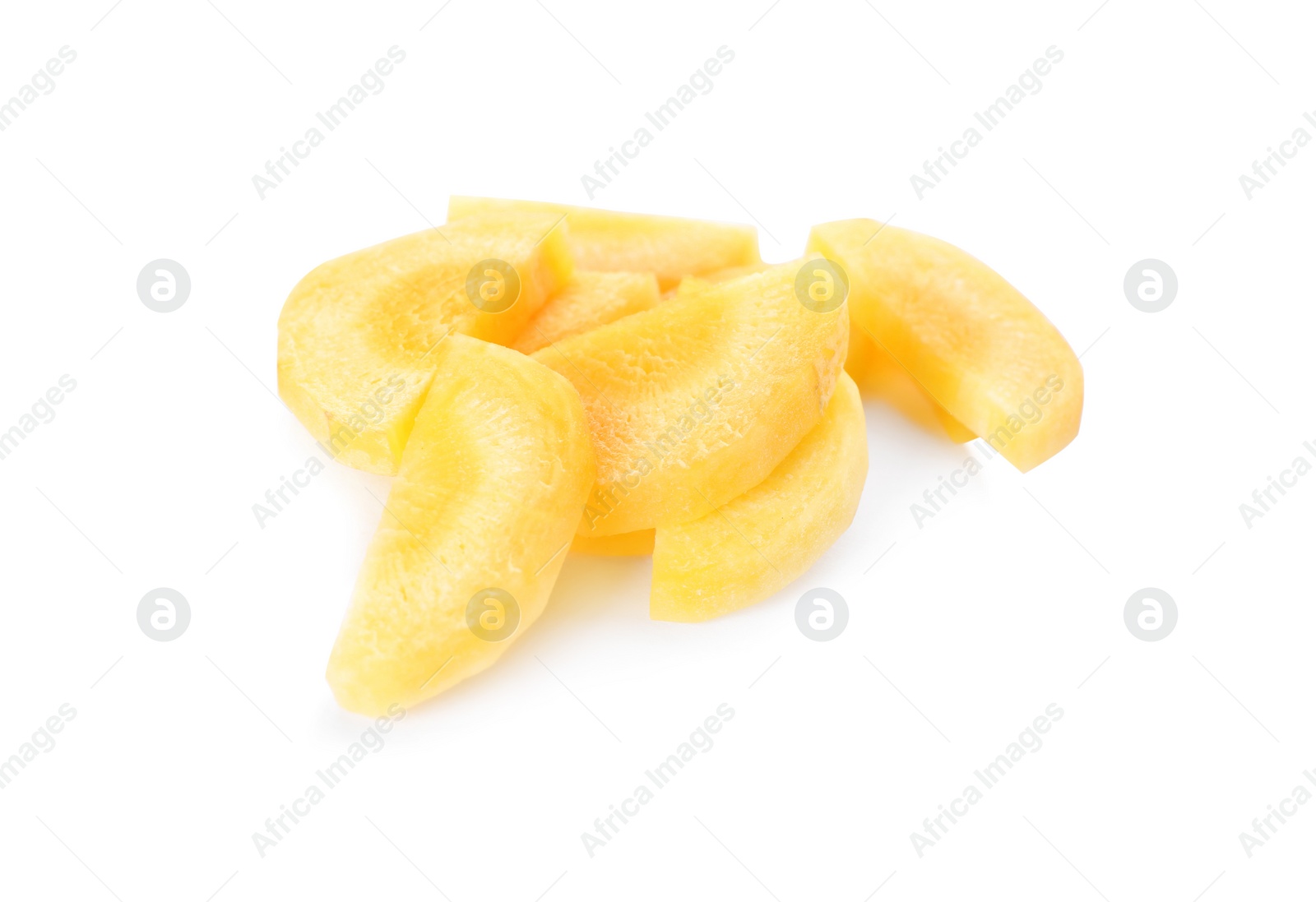 Photo of Slices of raw yellow carrot isolated on white
