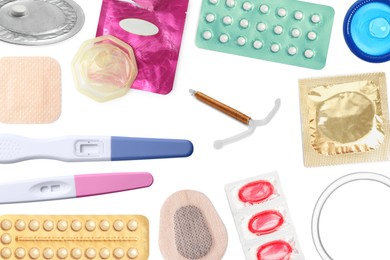 Oral contraceptives, patches, vaginal ring, condoms, intrauterine device and ovulation tests on white background, collage. Different birth control methods