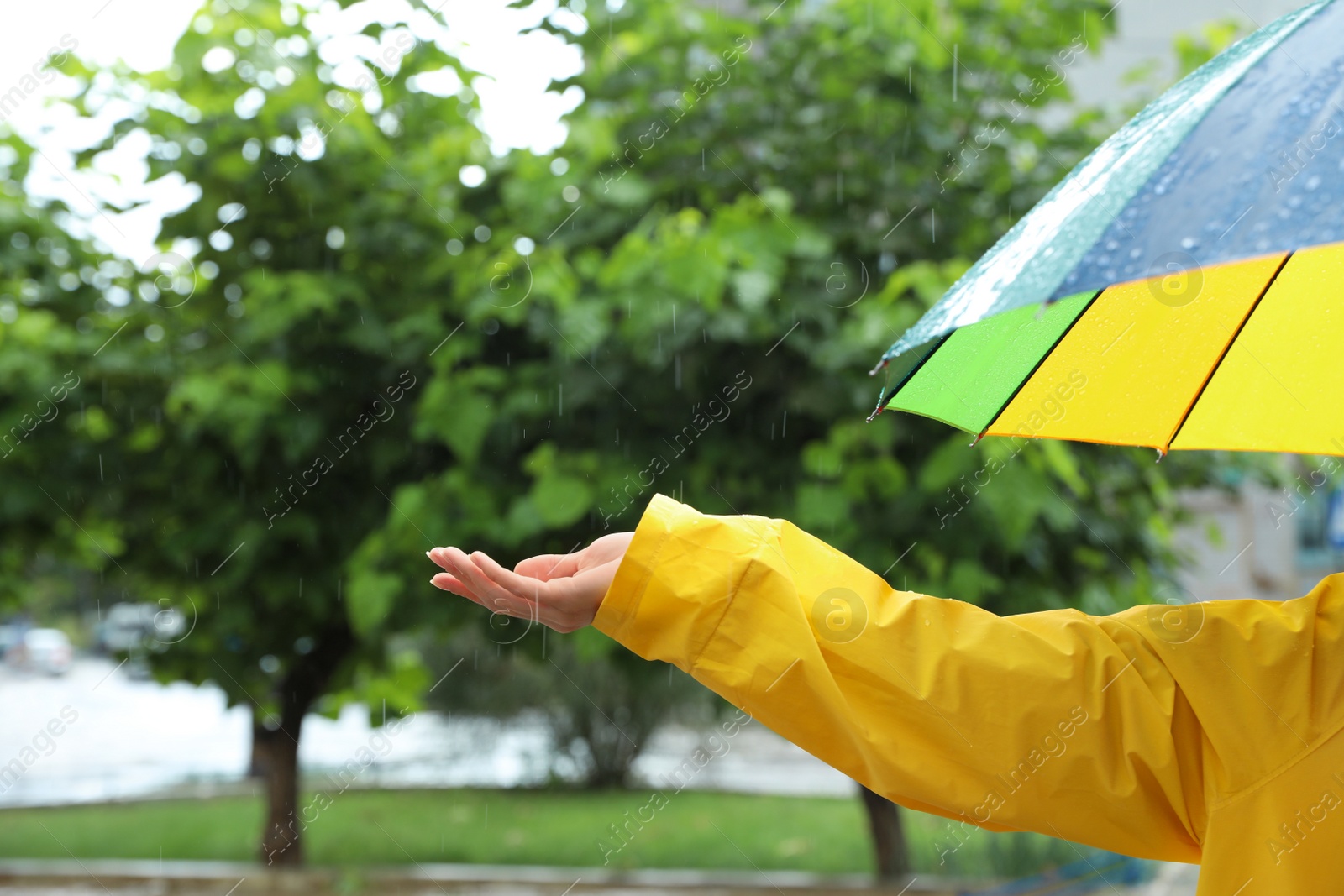 Photo of Woman with colorful umbrella outdoors on rainy day, closeup