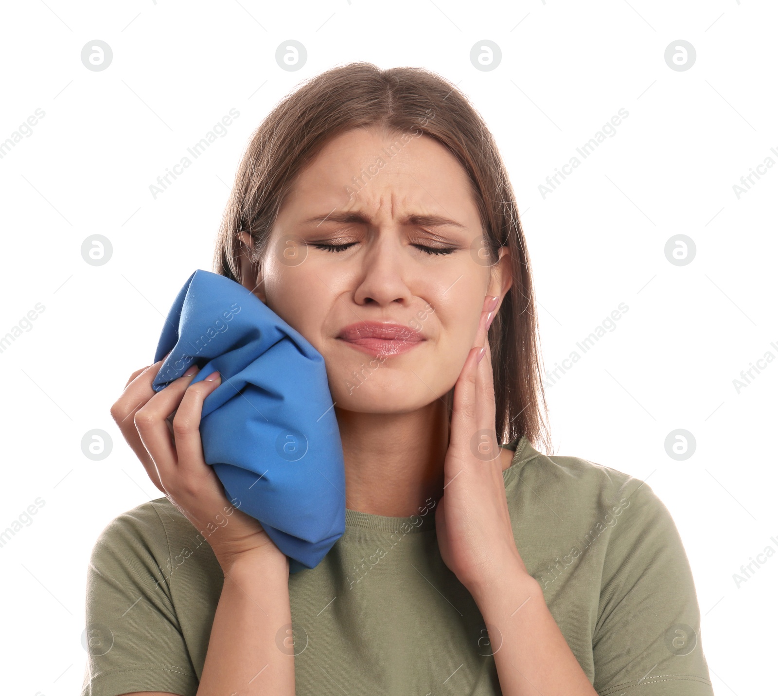 Photo of Young woman suffering from toothache on white background