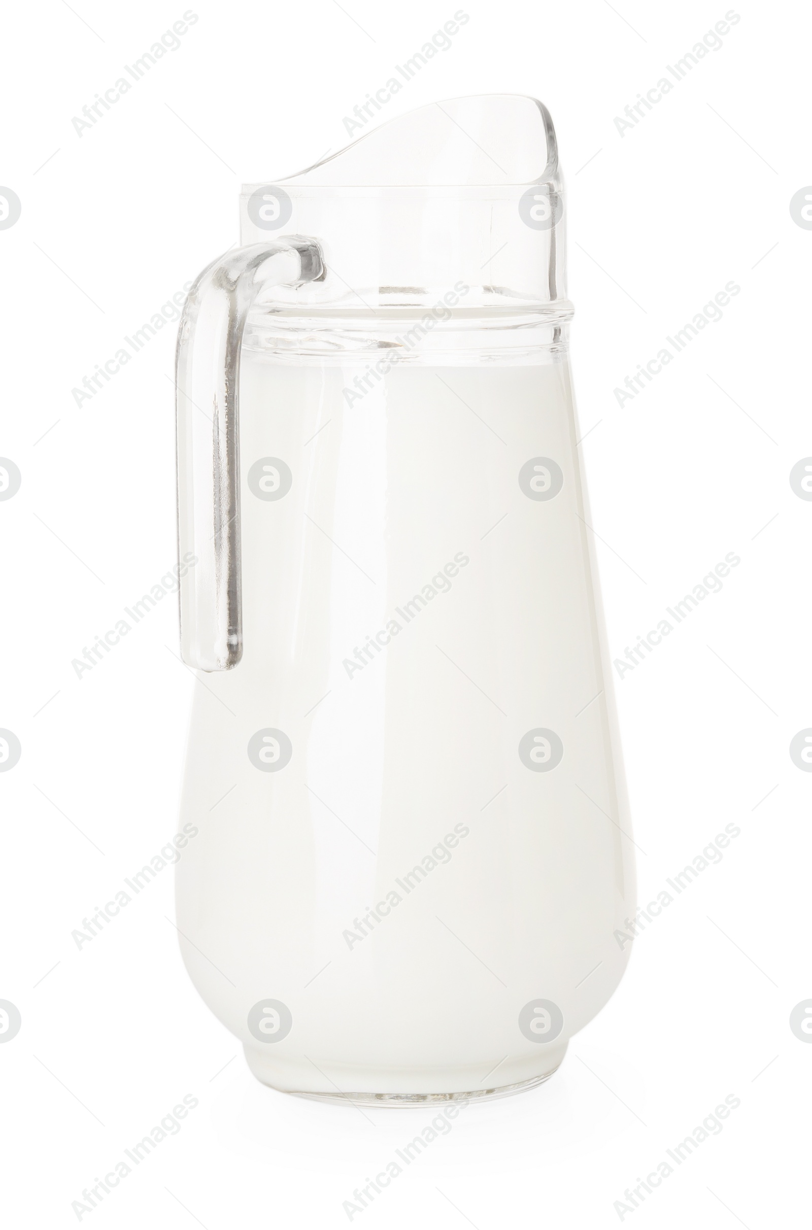 Photo of Glass jug with fresh milk isolated on white