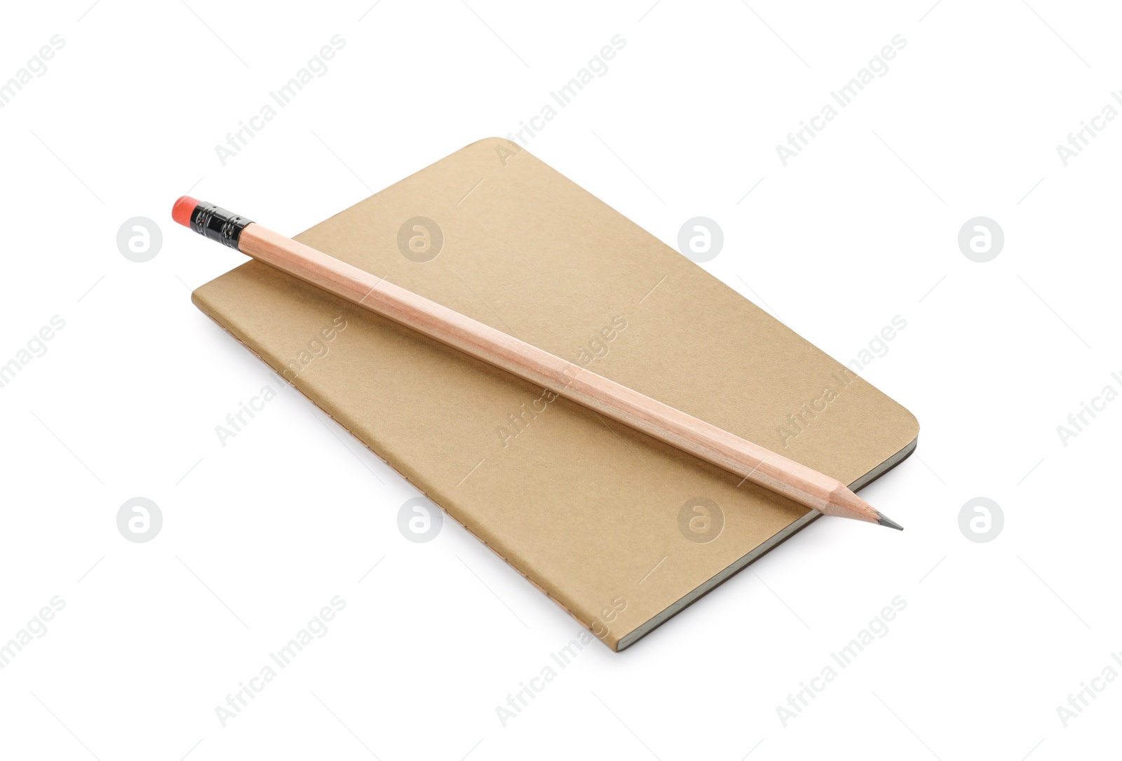 Photo of Stylish kraft planner with pencil isolated on white