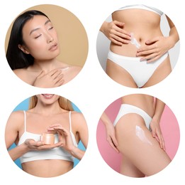 Image of Collage with photos of women applying body cream on white background