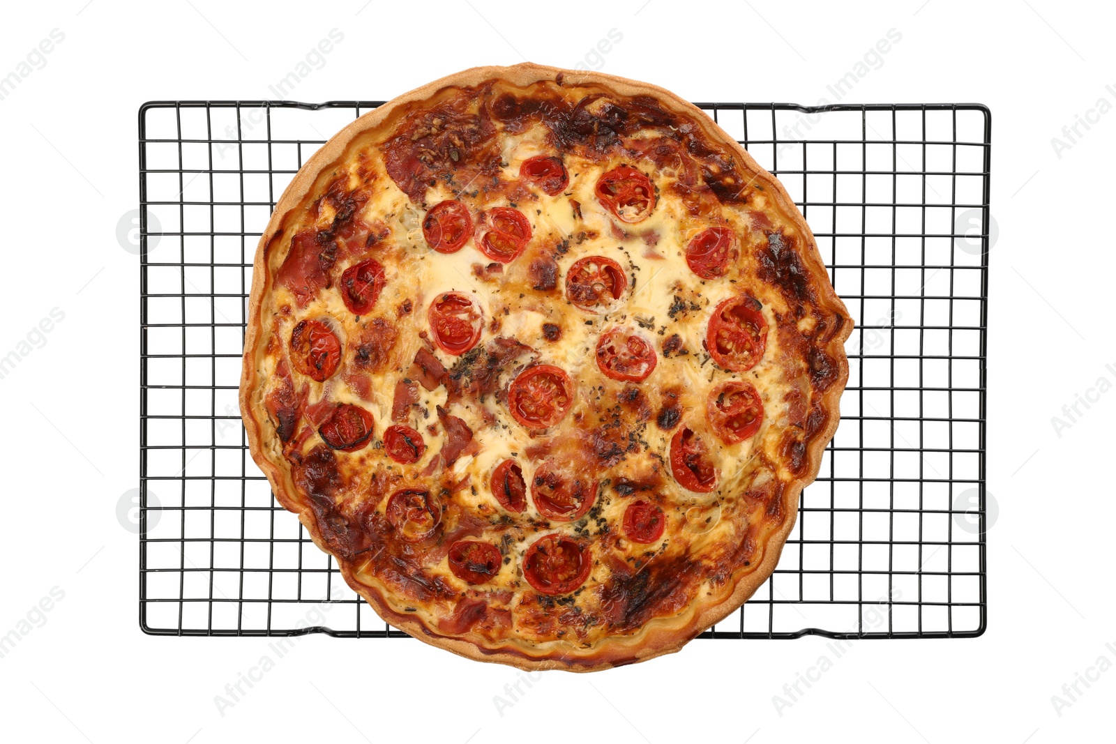 Photo of Delicious homemade quiche with prosciutto and tomatoes isolated on white, top view