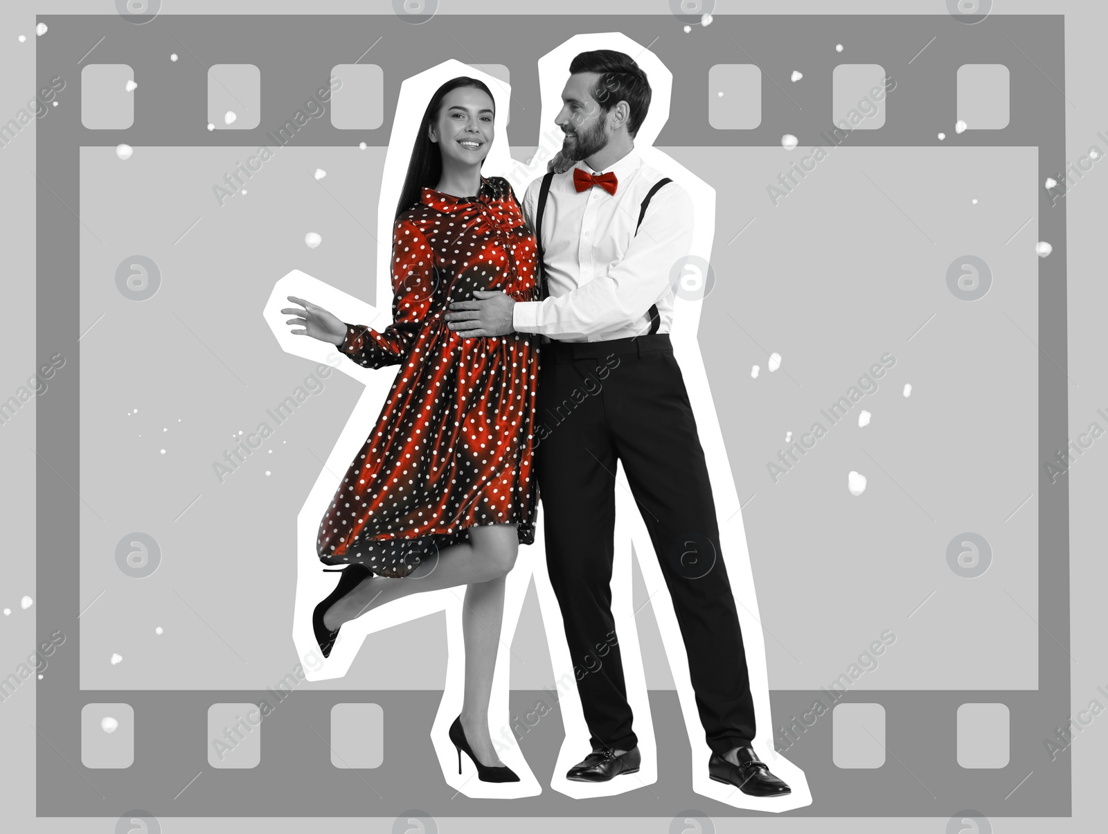 Image of Happy couple dancing on bright background. Creative collage with stylish man and woman. Concept of music, party, fashion, lifestyle