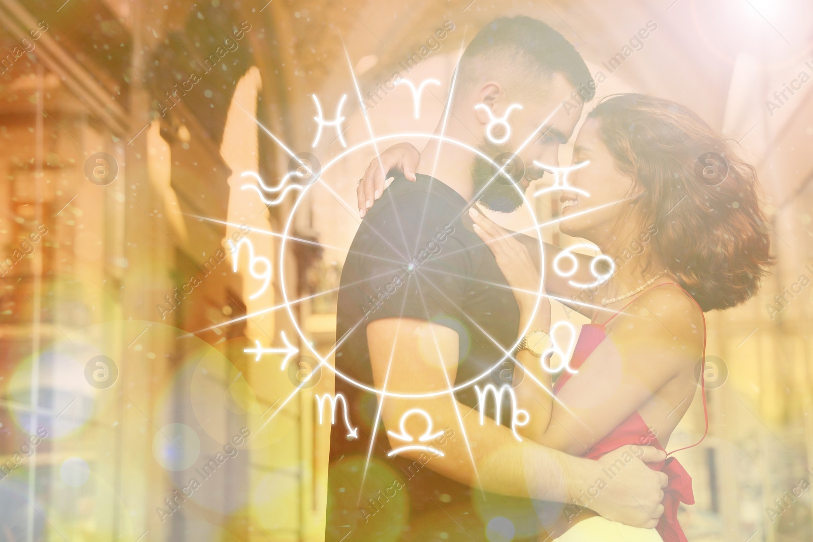 Image of Horoscope compatibility. Loving couple and zodiac wheel