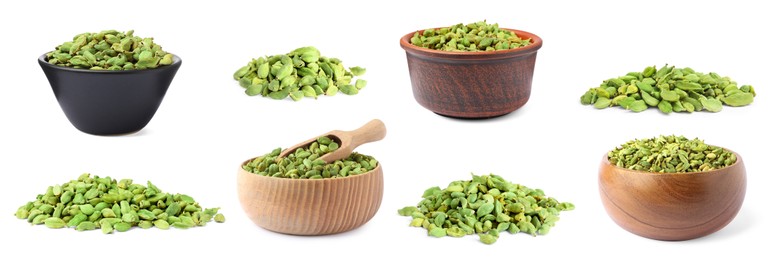 Image of Set with cardamom seeds on white background. Banner design