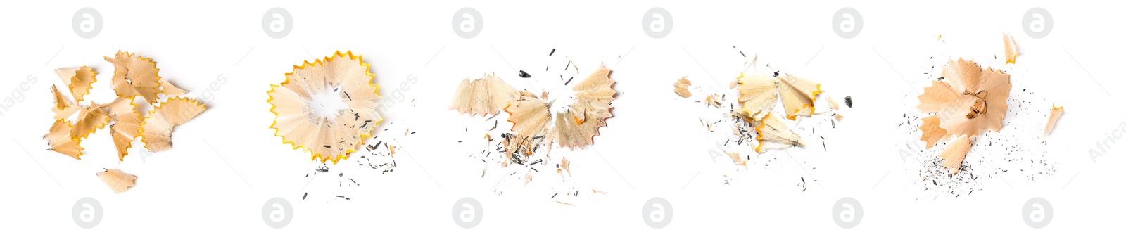 Image of Pencil shavings on white background, top view. Banner design 