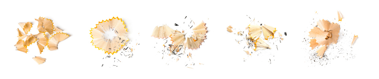 Image of Pencil shavings on white background, top view. Banner design 