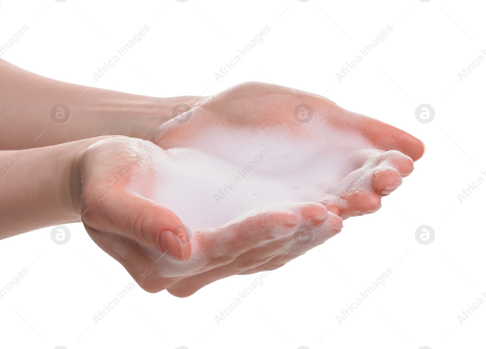 Photo of Woman with bath foam on white background, closeup