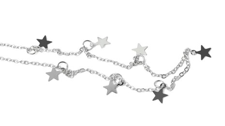 Photo of One metal chain with star pendants isolated on white. Luxury jewelry