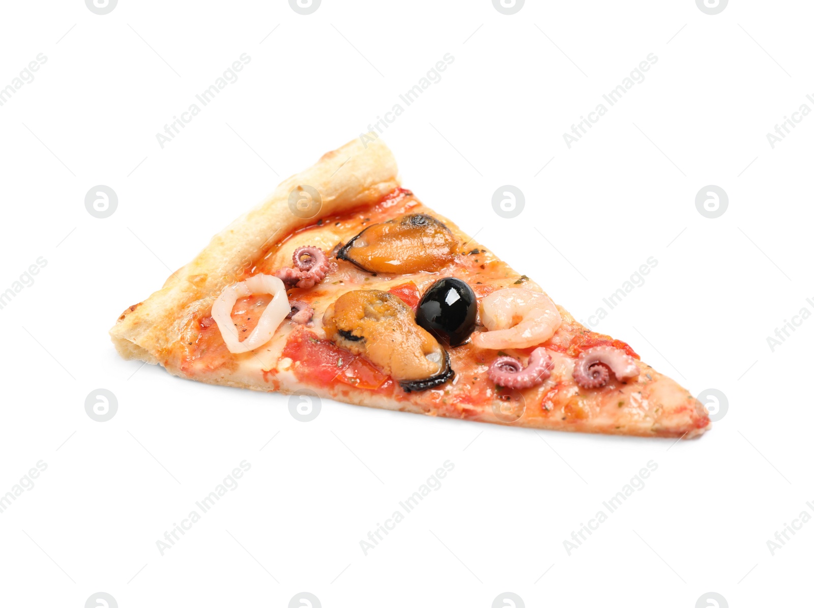 Photo of Slice of tasty pizza with seafood isolated on white