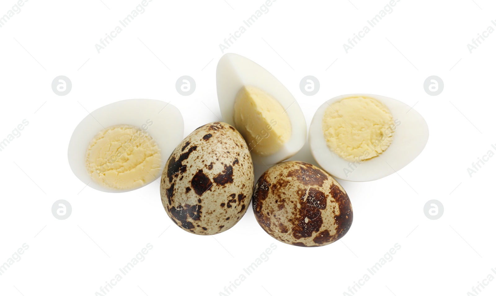 Photo of Unpeeled and peeled hard boiled quail eggs on white background, top view