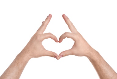 Photo of Man making heart with his hands on white background, closeup