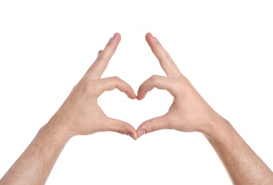 Man making heart with his hands on white background, closeup