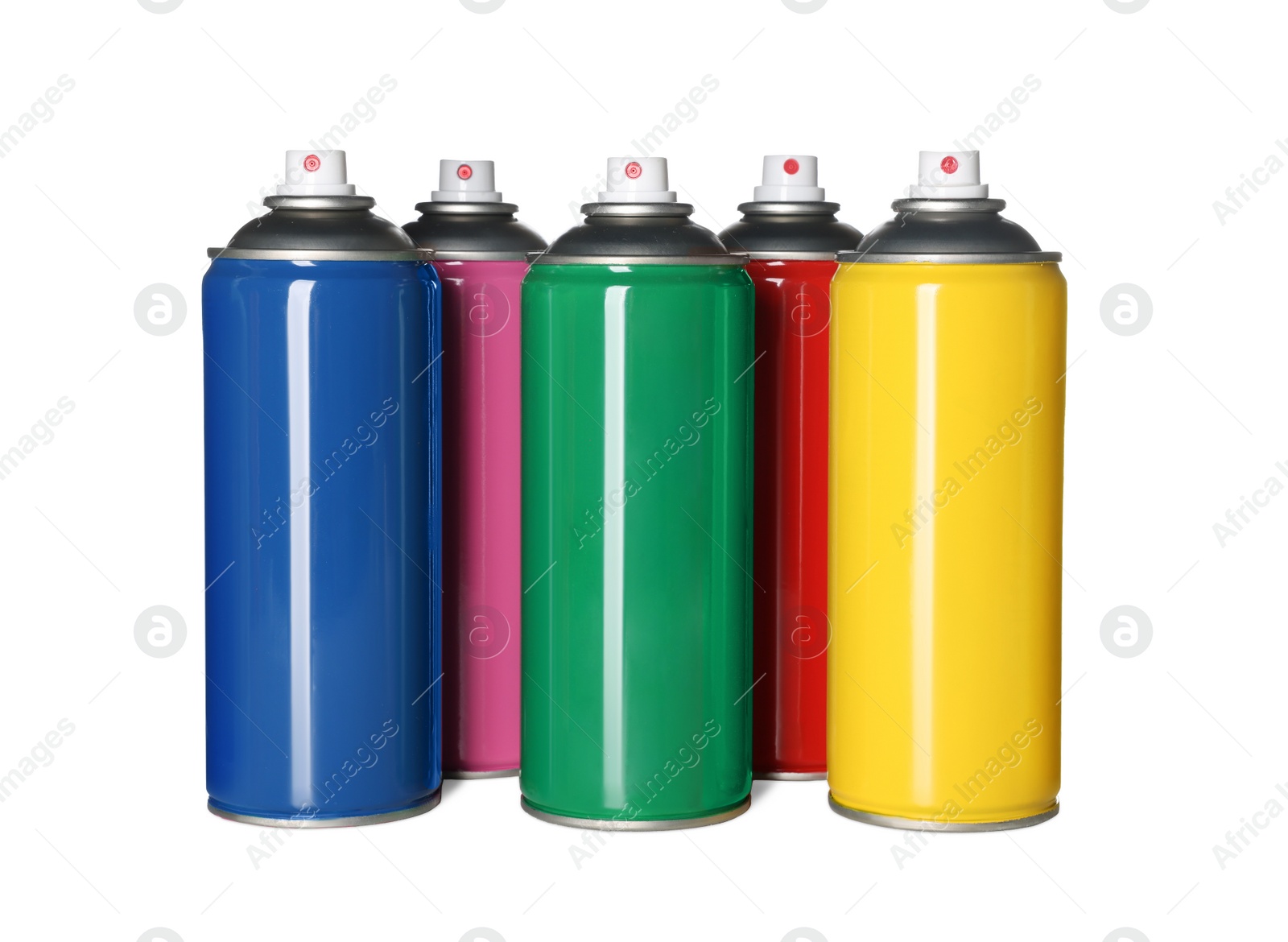 Photo of Colorful cans of spray paints on white background