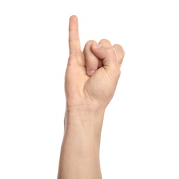Photo of Man showing I letter on white background, closeup. Sign language