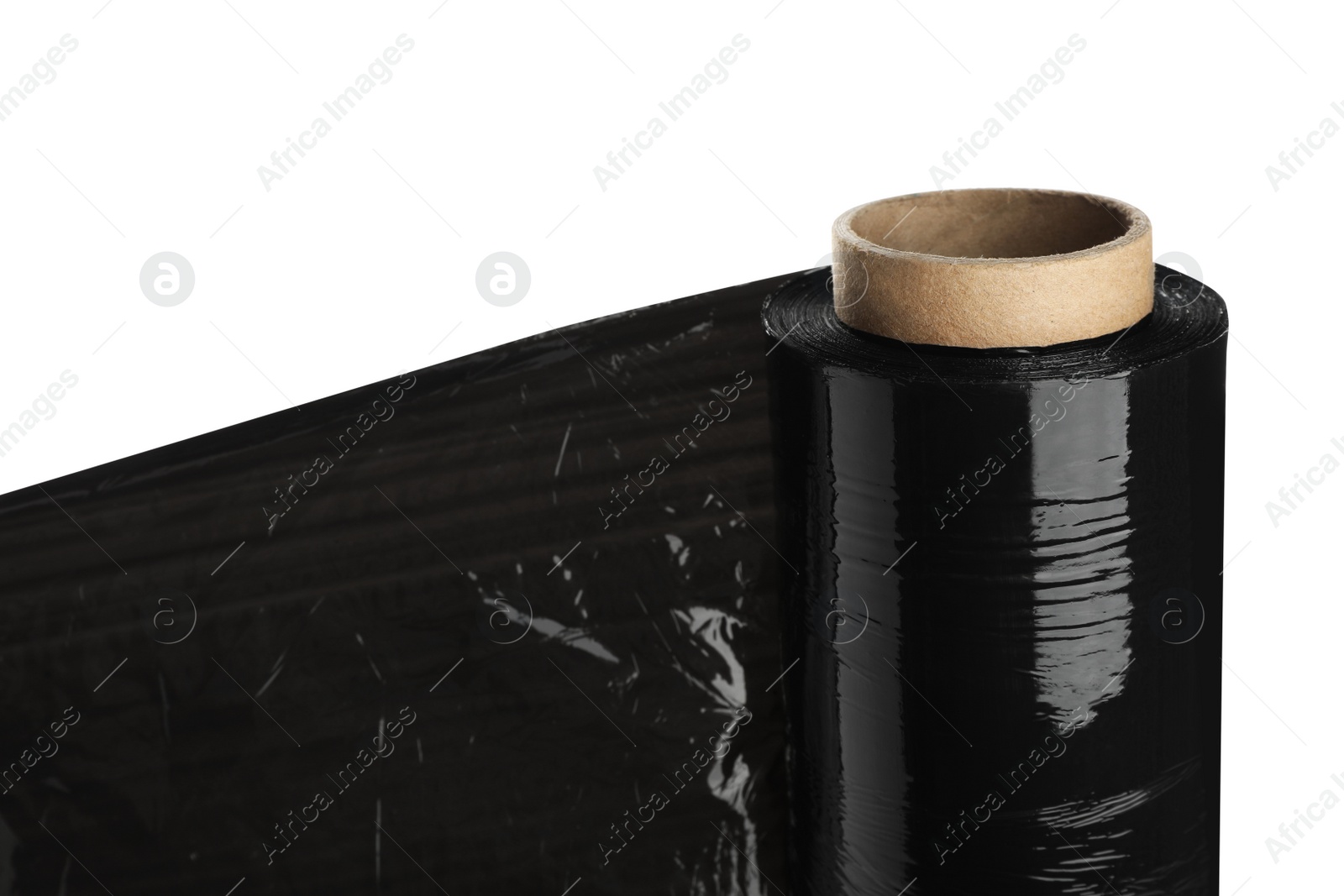 Photo of Roll of black plastic stretch wrap film isolated on white, closeup