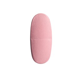 Photo of One pink pill isolated on white. Medicinal treatment