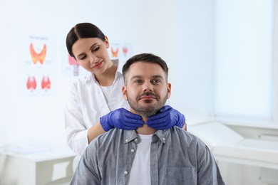Photo of Endocrinologist examining thyroid gland of patient at hospital, space for text