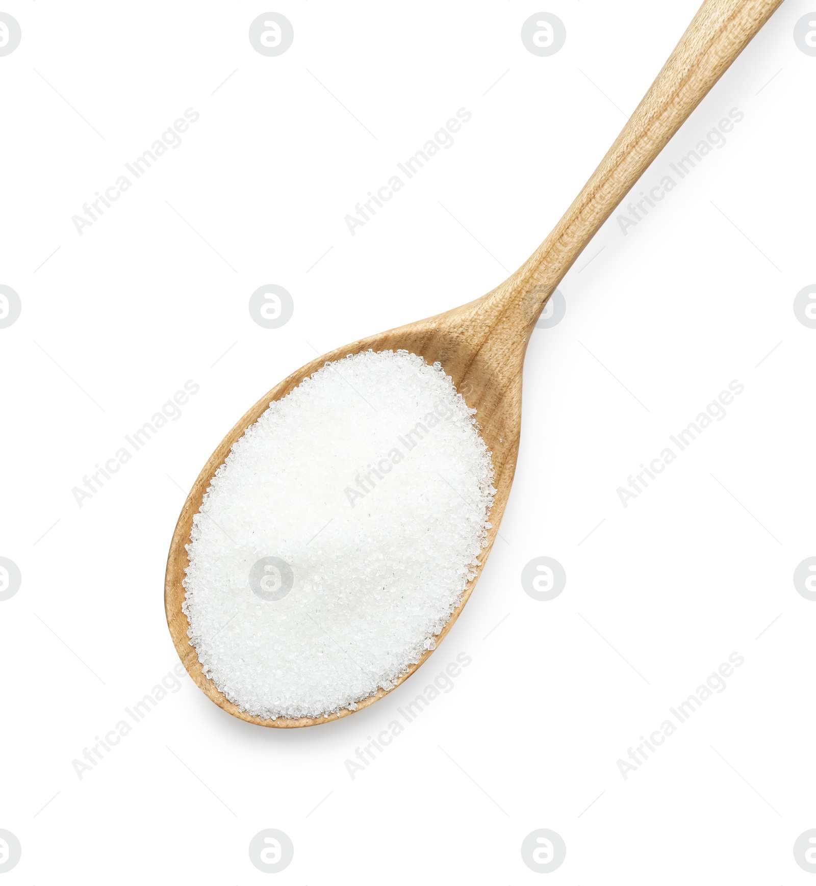 Photo of Spoon with sugar isolated on white, top view