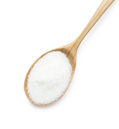 Spoon with sugar isolated on white, top view