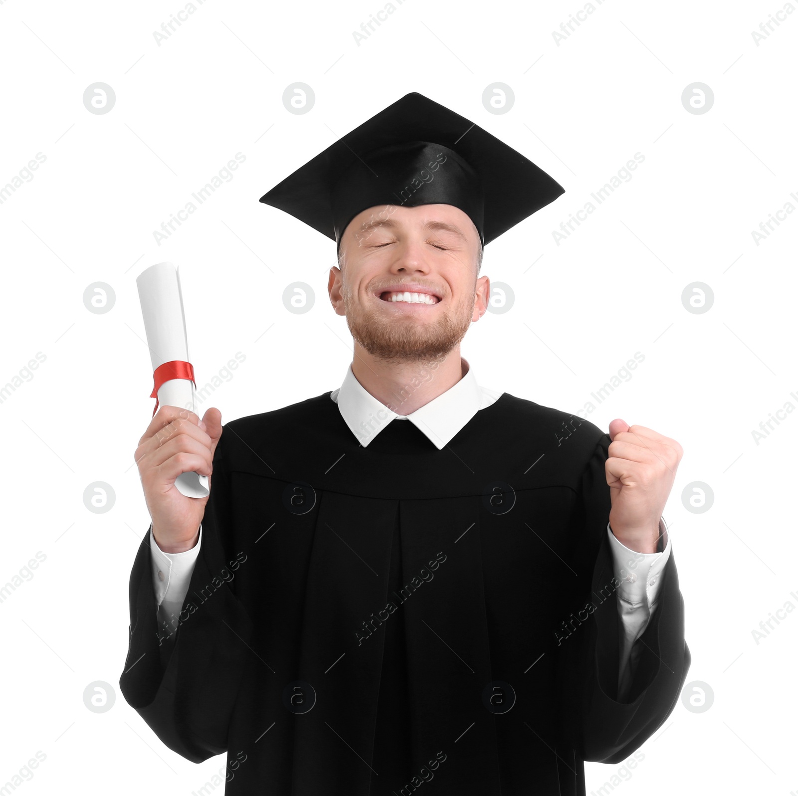 Photo of Happy student with graduation hat and diploma on white background