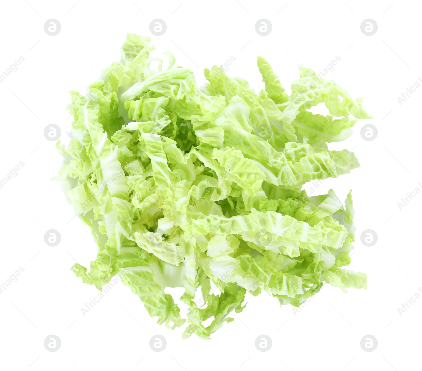 Photo of Fresh chopped Chinese cabbage isolated on white, above view