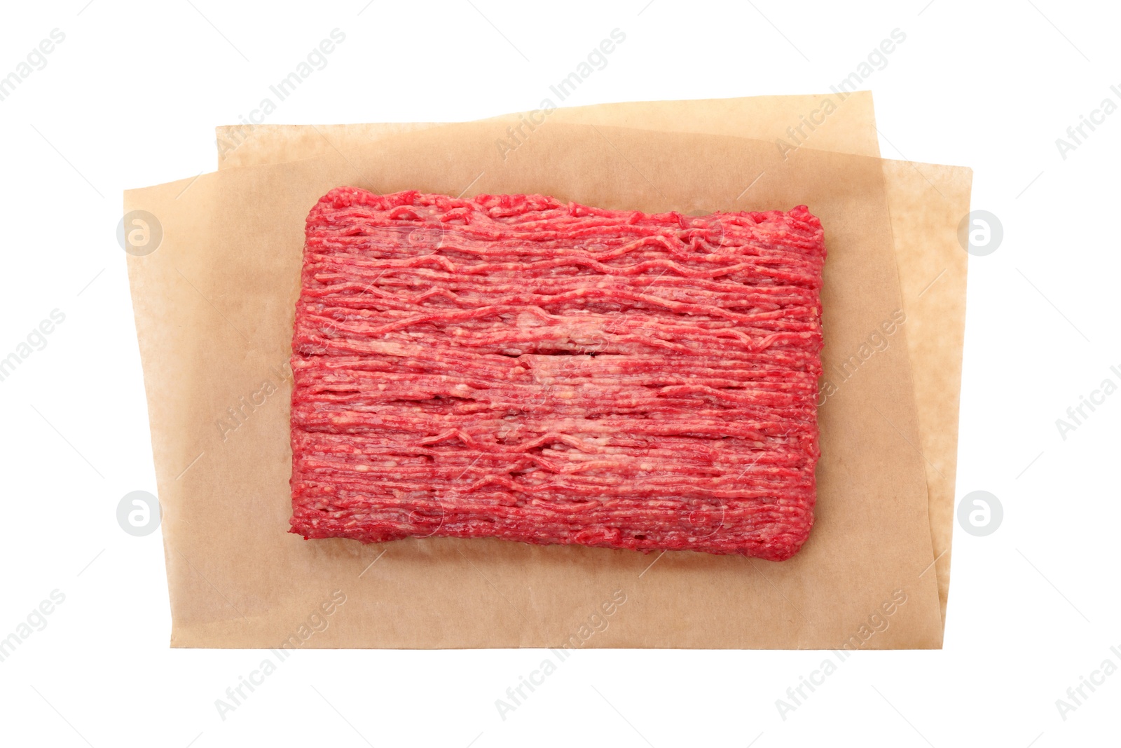 Photo of Raw fresh minced meat on white background, top view