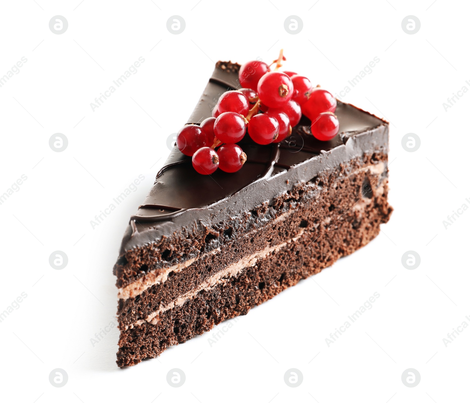Photo of Piece of tasty homemade chocolate cake with berries on white background