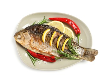 Photo of Tasty homemade roasted crucian carp with rosemary on white background, top view. River fish