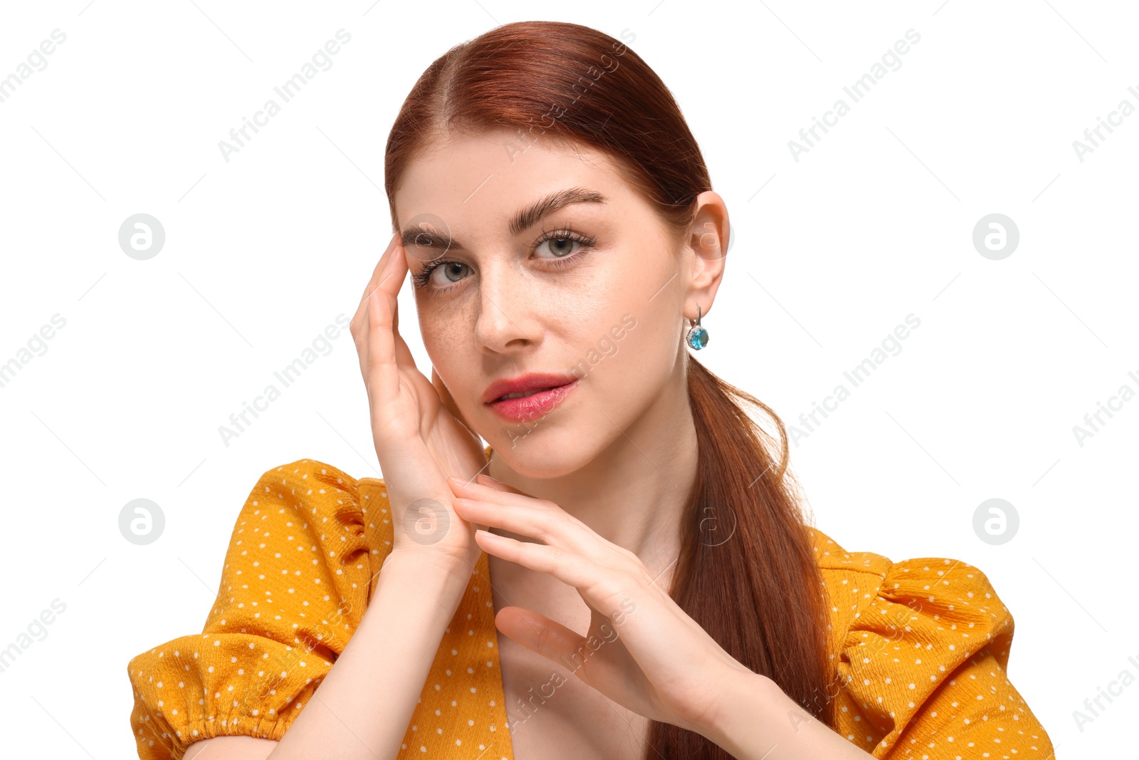 Photo of Portrait of beautiful woman on white background