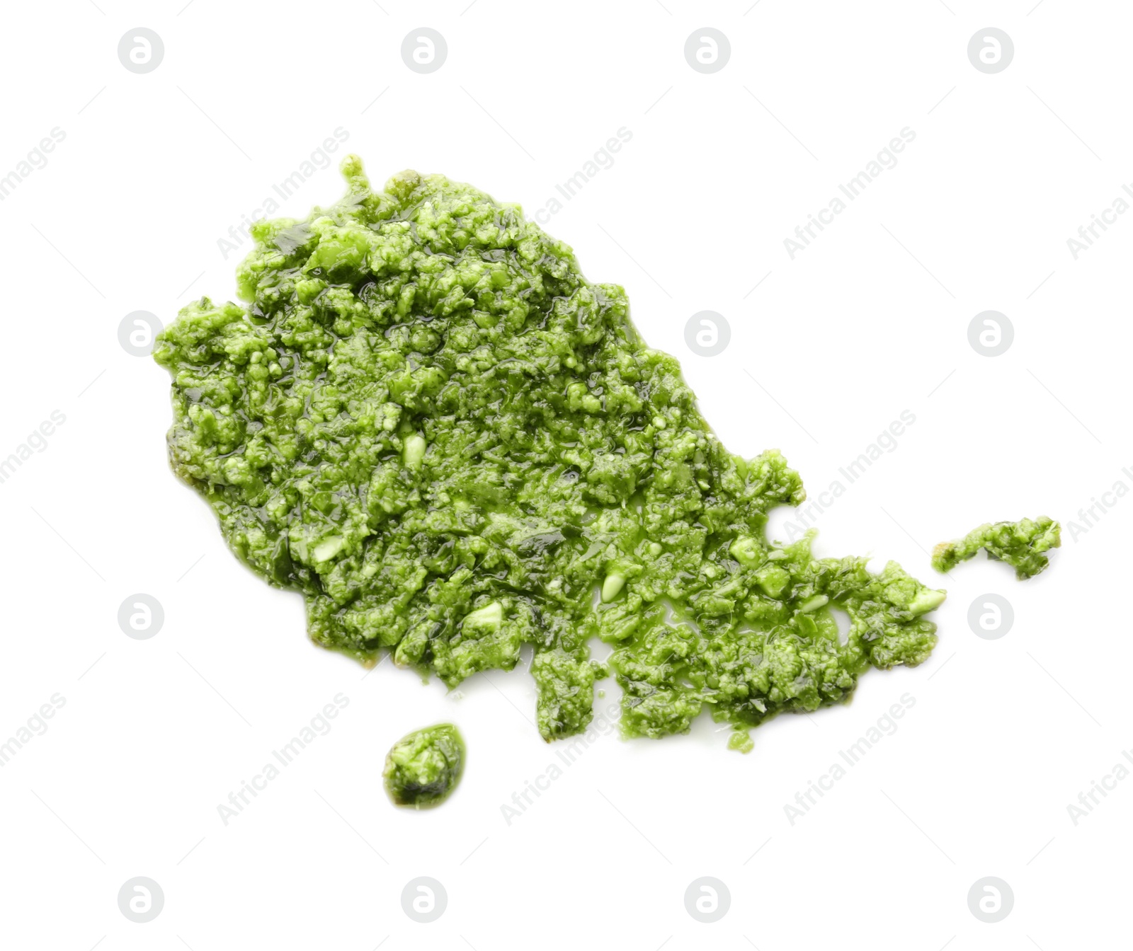 Photo of Tasty pesto sauce isolated on white, top view