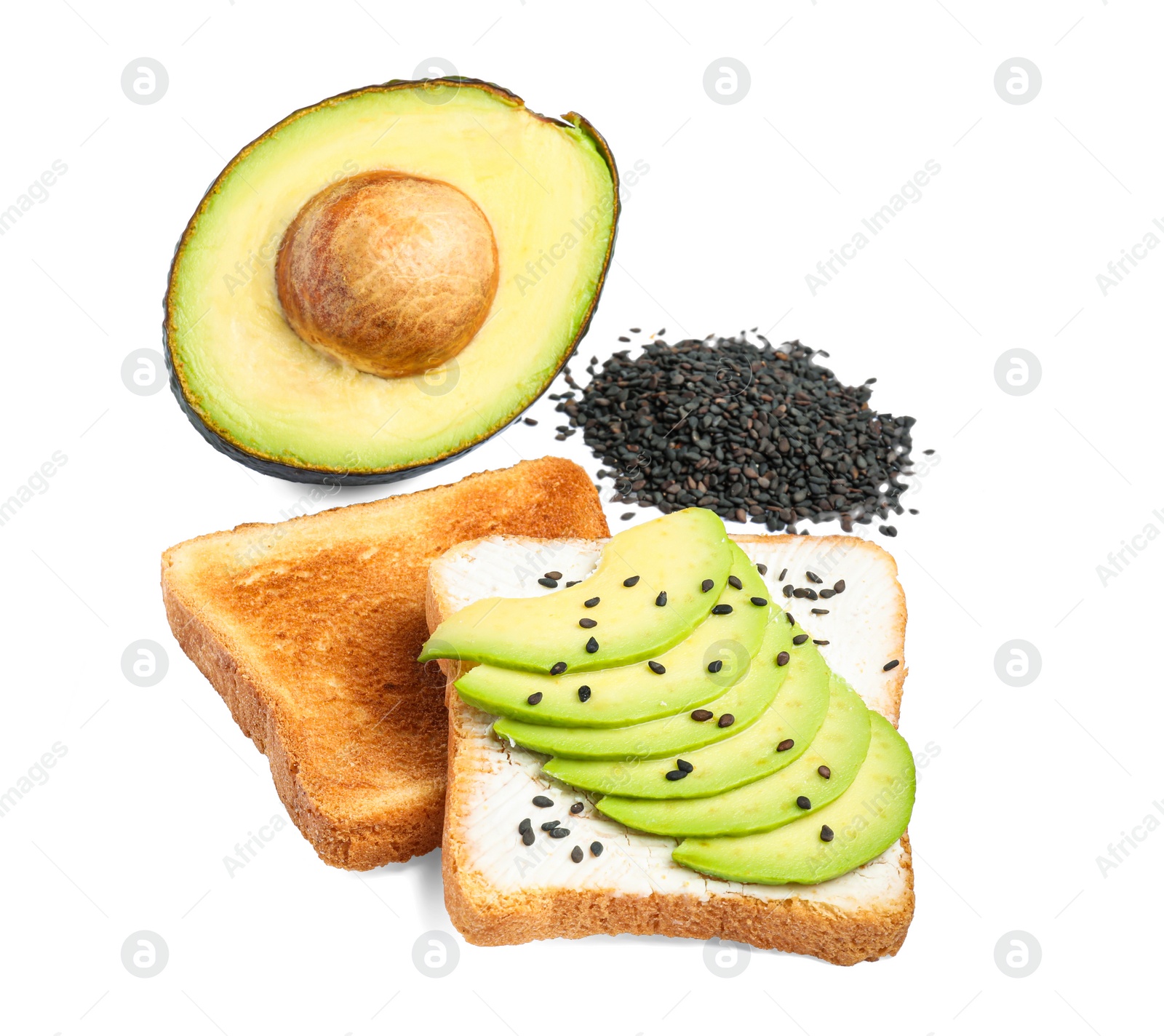 Photo of Delicious toasts with cream cheese, avocado and black sesame seeds isolated on white