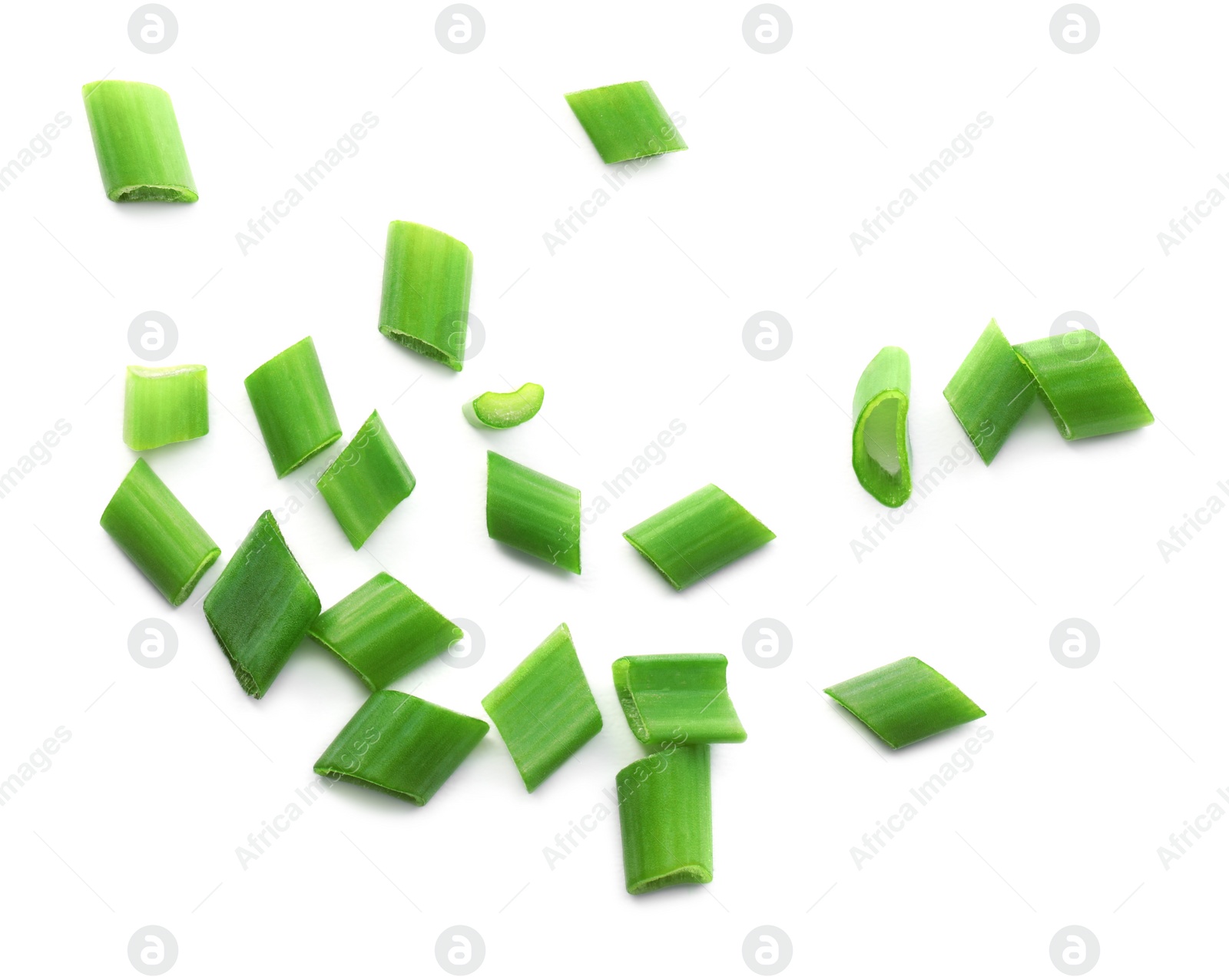 Photo of Fresh chopped green onion isolated on white, top view