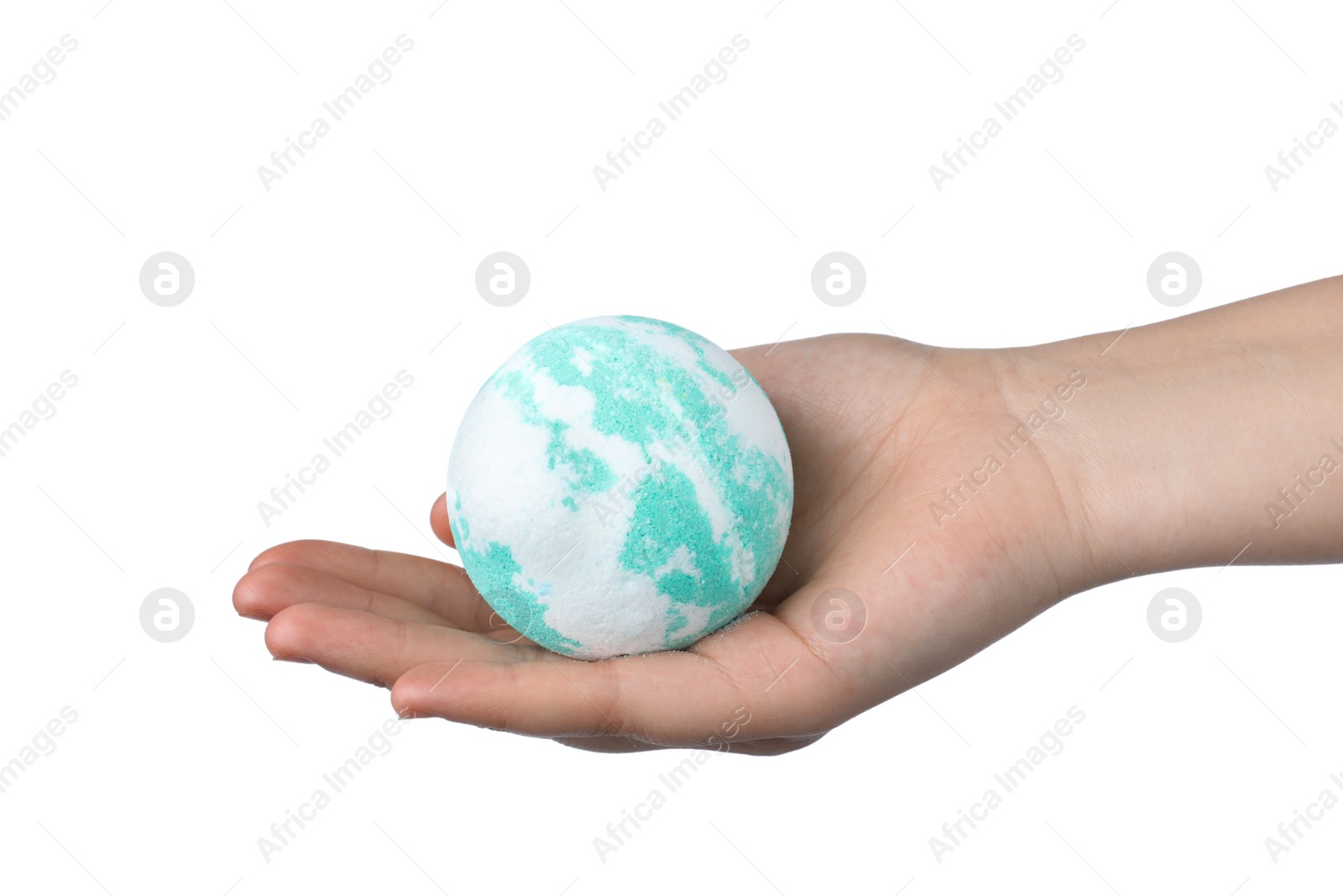 Photo of Woman holding bath bomb on white background, closeup