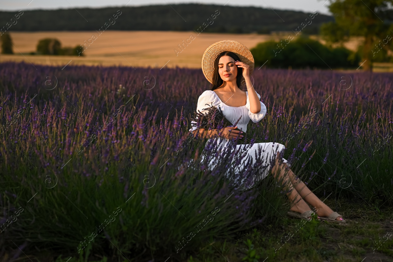 Photo of Beautiful young woman with bouquet sitting in lavender field at sunset